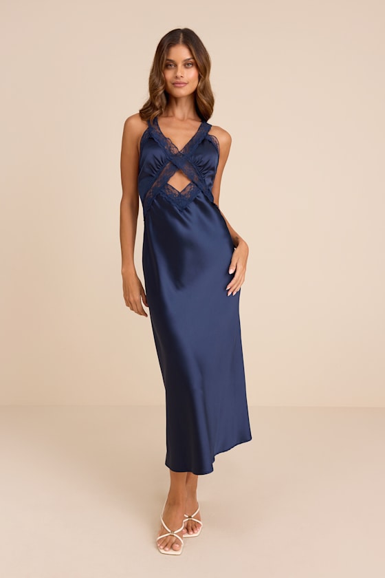 Camara Navy Satin Lace Slip Midi Dress