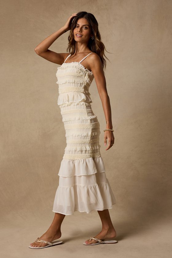 Harley Light Pink Smocked Ruffled Midi Dress