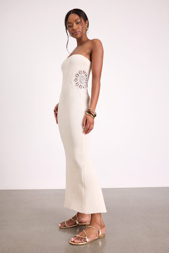 Brenna Ivory Strapless Sweater Knit Midi Dress