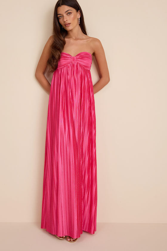 Whimsical Beauty Golden Yellow Satin Plisse Strapless Maxi Dress