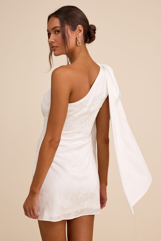 Jayda White Satin Jacquard One-Shoulder Sash Mini Dress