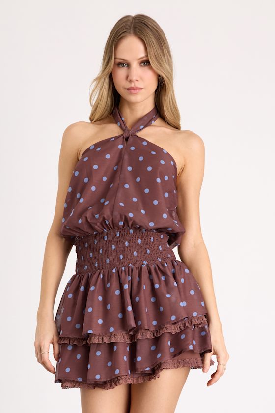 Regan Brown Polka Dot Halter Tiered Mini Dress