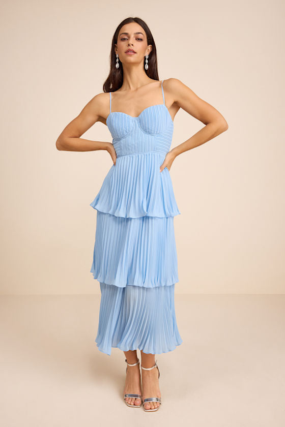 Cascading Crush Black Tiered Bustier Midi Dress