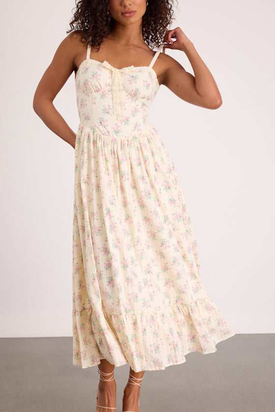 Odilie Cream Floral Lace Sleeveless Midi Dress
