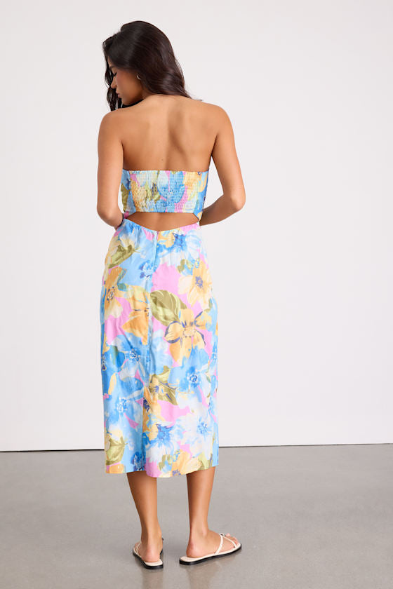 Bold Tendencies Fuchsia Floral Strapless Cutout Midi Dress