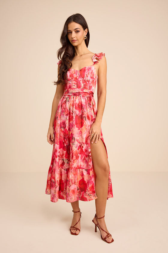 Sweet Like Sangria Blue Floral Ruffled Bustier Midi Dress