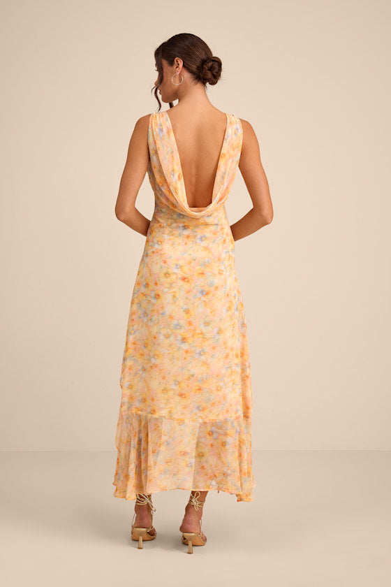 Laraline Red Multi Floral Ruffled Cowl Back Maxi Dress