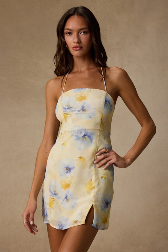 Catch the Bouquet Lime Green Floral Halter Lace-Up Mini Dress