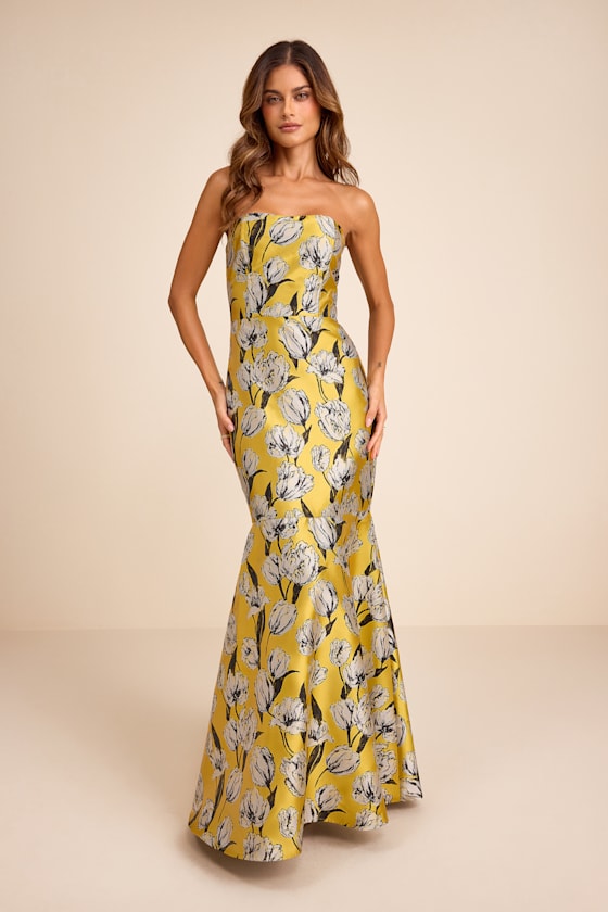 Gowning Around Slate Blue Floral Jacquard Strapless Maxi Dress