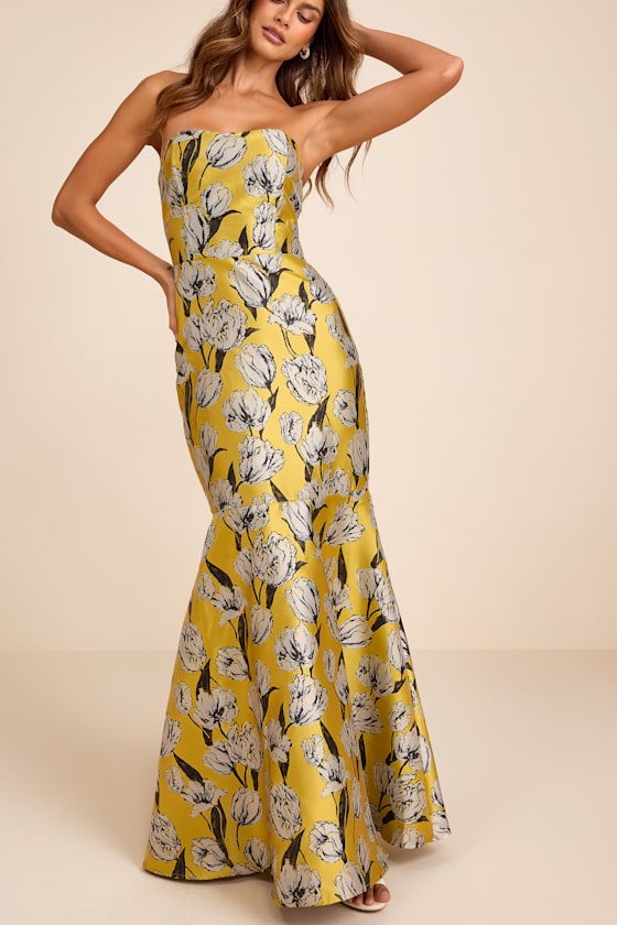 Gowning Around Sage Floral Jacquard Strapless Maxi Dress