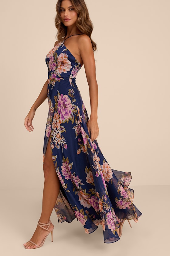 Romantic Marvel Pink Floral Print Halter Neck Maxi Dress