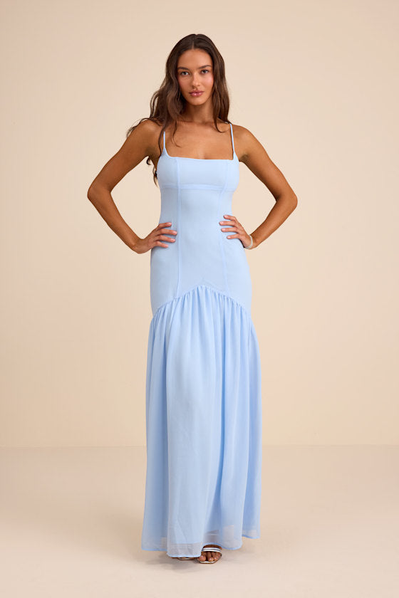 Auria Navy Blue Chiffon Drop Waist Maxi Dress