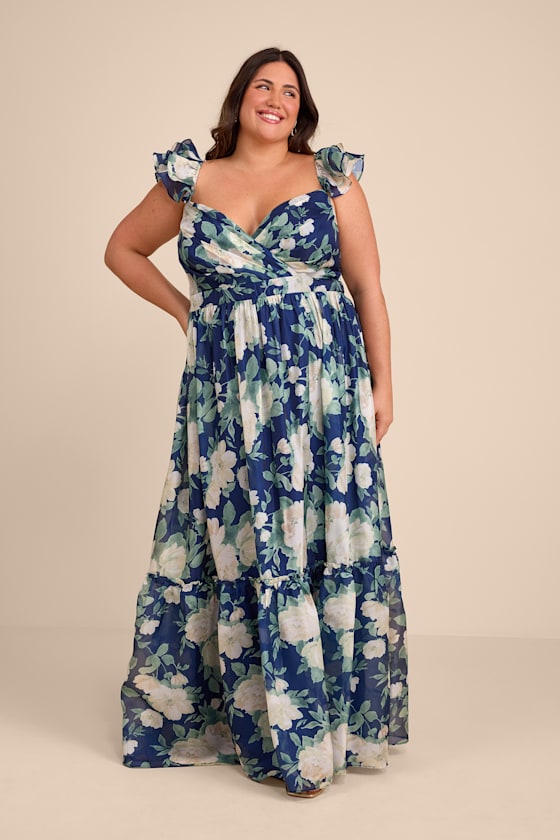 Soiree Perfection Light Blue Floral Ruffled Tiered Maxi Dress