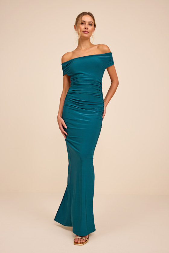 Brilliant Elegance Blue Off-the-Shoulder Backless Maxi Dress