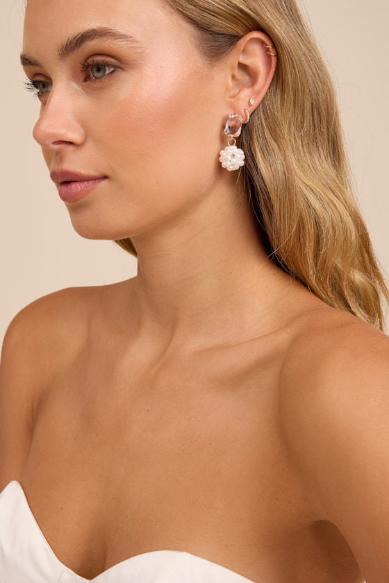 Riesa White Pearl Rhinestone Drop Earrings