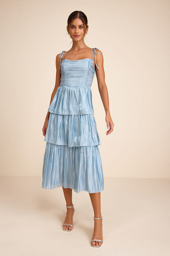 Tennon Dusty Rose Plisse Tiered Midi Dress
