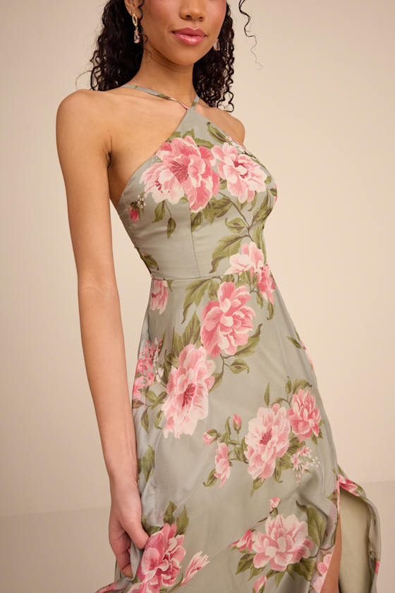 Romantic Marvel Pink Floral Print Halter Neck Maxi Dress