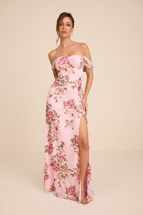 Magical Magnetism Light Pink Off-the-Shoulder Maxi Dress