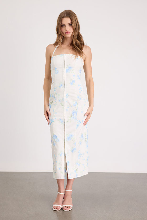 Arrosa White Floral Halter Midi Dress