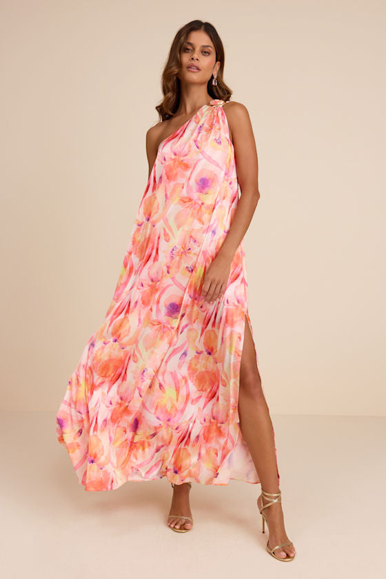 Goddess Aura Black Satin One-Shoulder Maxi Dress