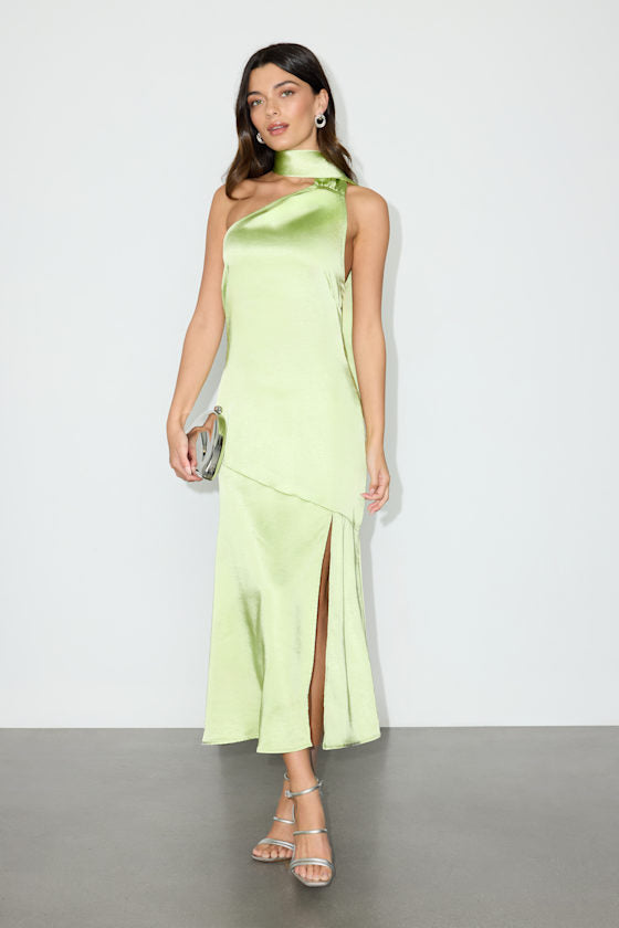 Reglan Pink Satin One-Shoulder Sash Midi Dress