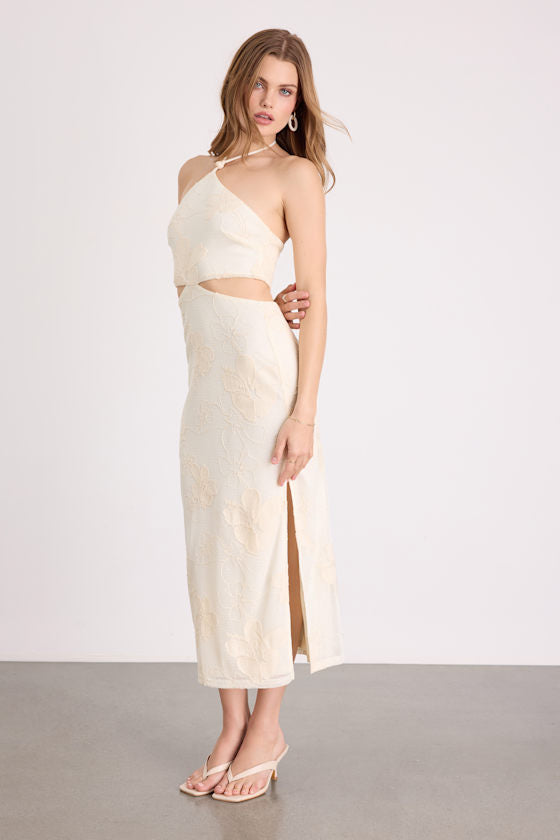 Larissa Cream Embroidered Halter Crochet Midi Dress