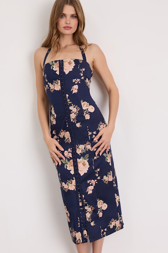 Arrosa White Floral Halter Midi Dress