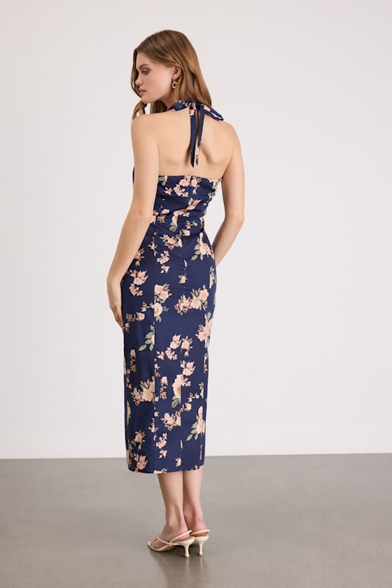 Arrosa Light Yellow Floral Halter Midi Dress
