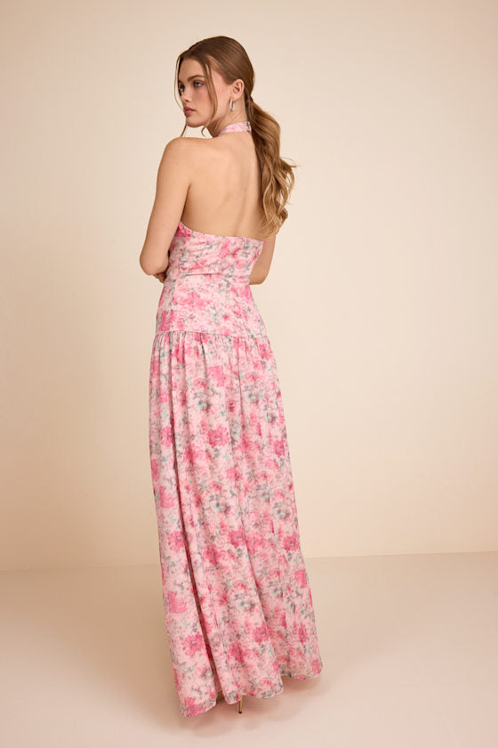 Amoah Light Pink Floral Drop Waist Maxi Dress