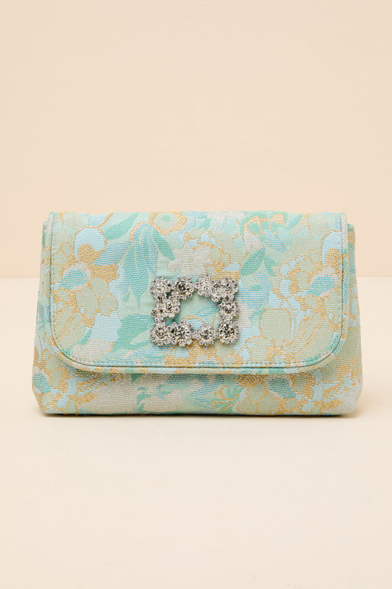 Efina Light Blue Floral Jacquard Crossbody Clutch