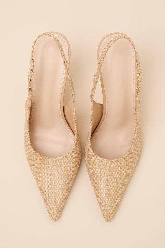 Coetta Beige Raffia Pointed-Toe Slingback Pumps