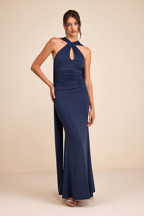 Delphina Ivory Jersey Knit Halter Sash Maxi Dress