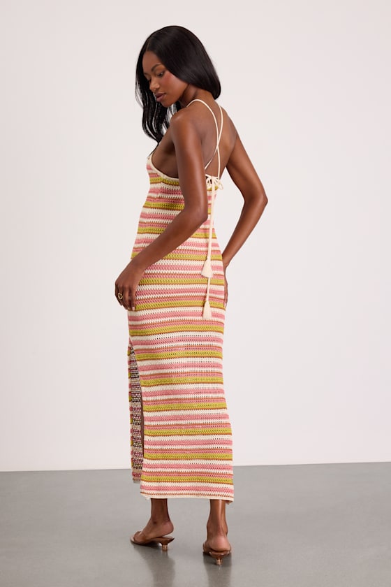 Nalani Pink Multi Striped Crochet Halter Midi Dress