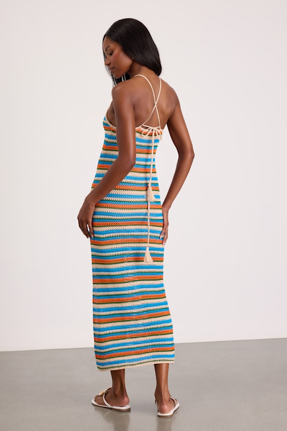 Nalani Blue Multi Striped Crochet Halter Midi Dress