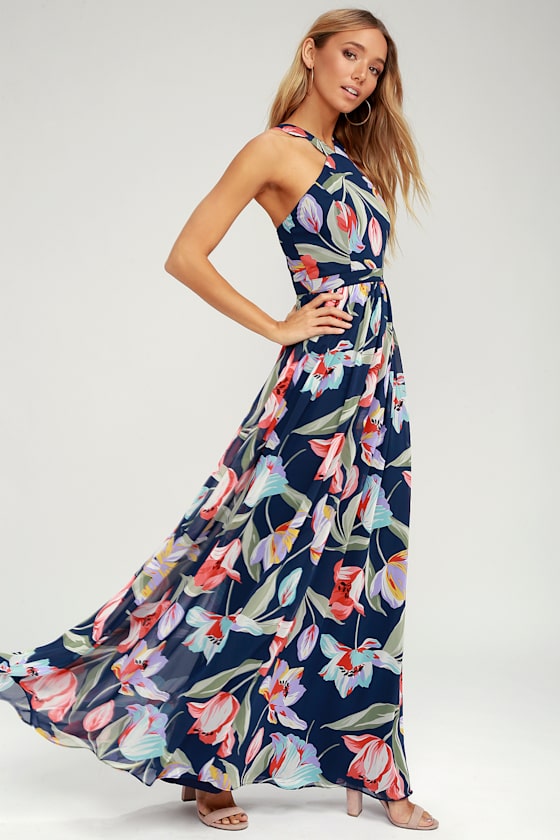 Lilja Blue Floral Print Maxi Dress