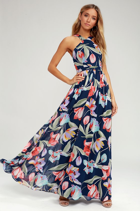 Lilja Blue Floral Print Maxi Dress