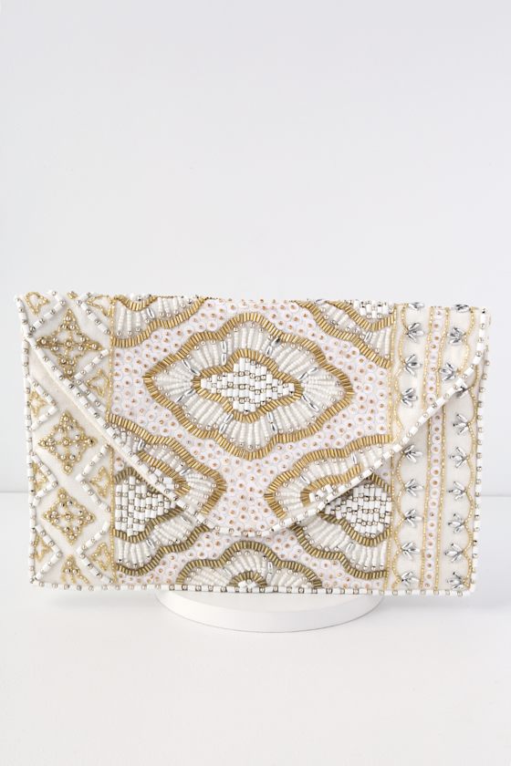 Etched in Stone Cream Beaded Clutch