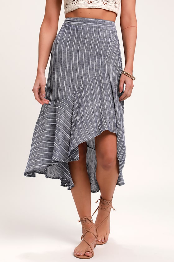 By the Bay Washed Blue and White Striped Ruffled Midi Skirt