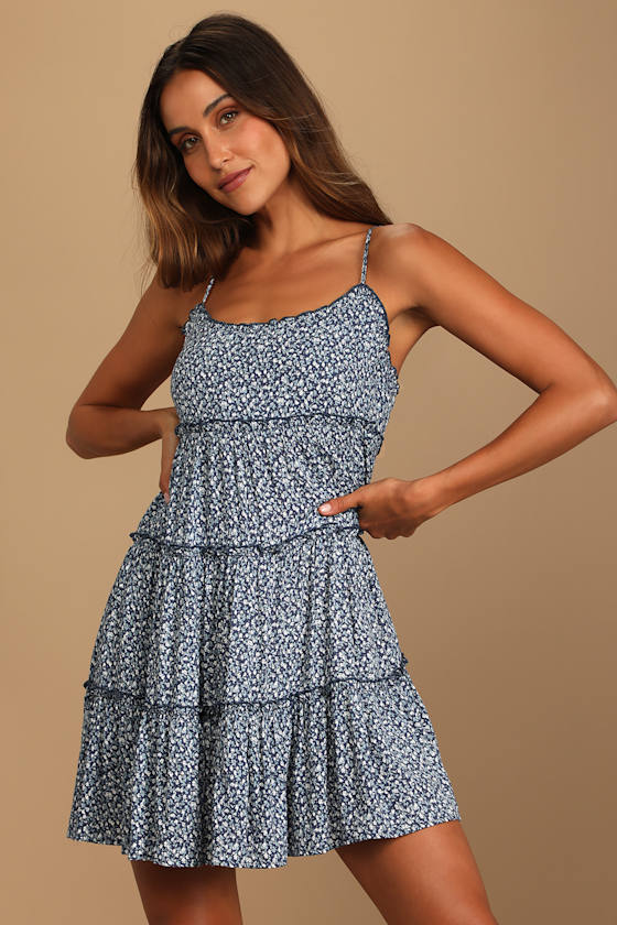 Sitting in the Sun Navy Blue Floral Print Ruffled Babydoll Dress