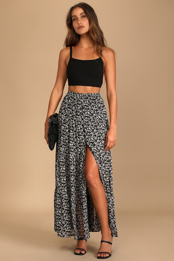 Subtle Sweetness Cream Floral Print Tiered Maxi Skirt