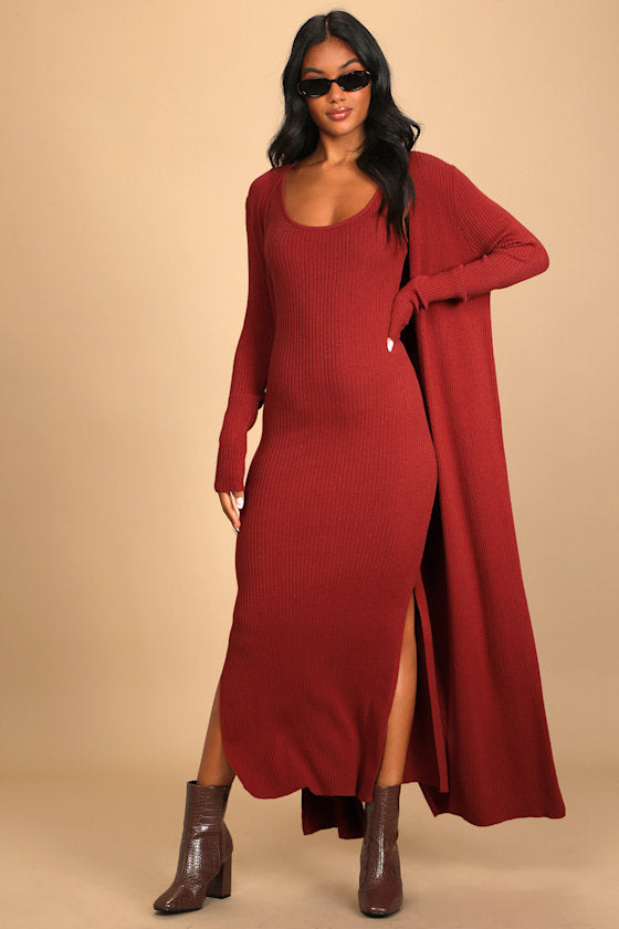 Layer Lover Beige Ribbed Knit Two-Piece Dress & Cardigan Set