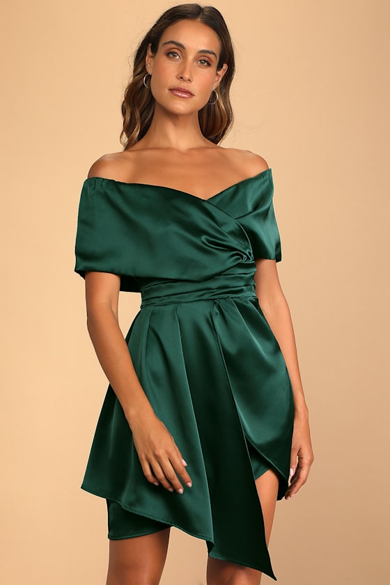 Always Celebrating Mauve Pink Satin Off-the-Shoulder Mini Dress