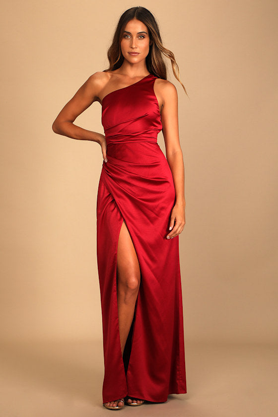 Dreaming of Elegance Black Satin One-Shoulder Maxi Dress