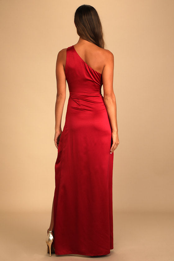 Dreaming of Elegance Black Satin One-Shoulder Maxi Dress