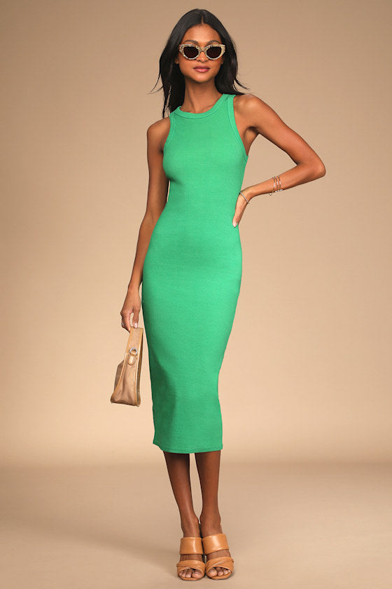 Majorly Trendy Light Yellow Ribbed Bodycon Midi Dress