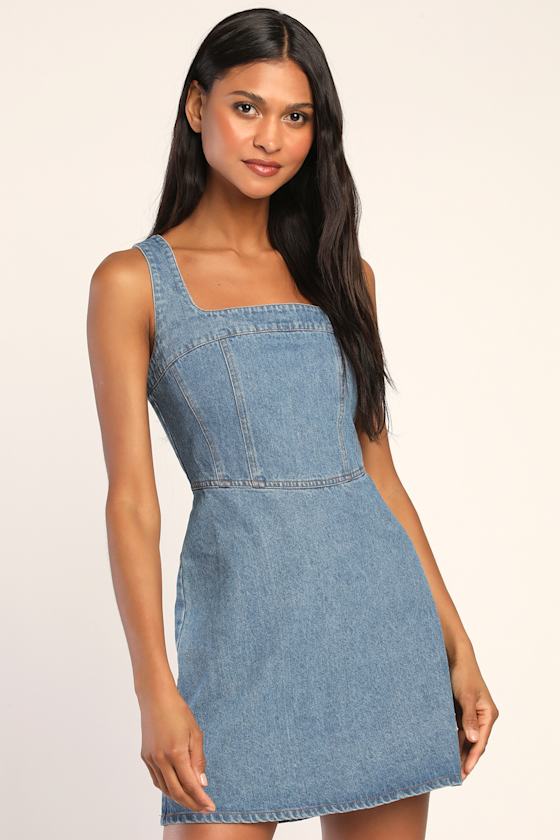 So Delighted Washed Black Denim Corset Seam Mini Dress