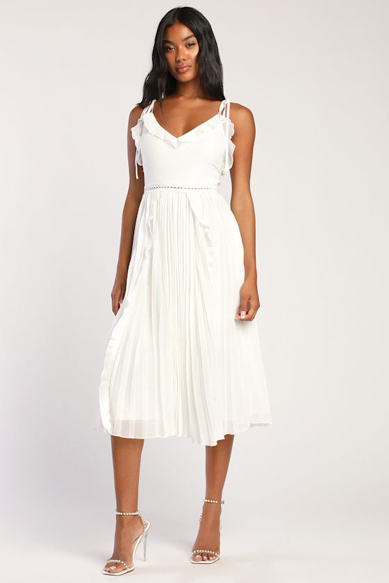 Never a Dull Moment White Tie-Strap Pleated Midi Dress