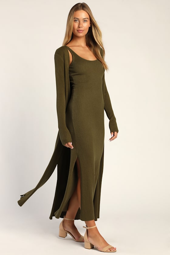 Layer Lover Brown Ribbed Knit Two-Piece Dress & Cardigan Set
