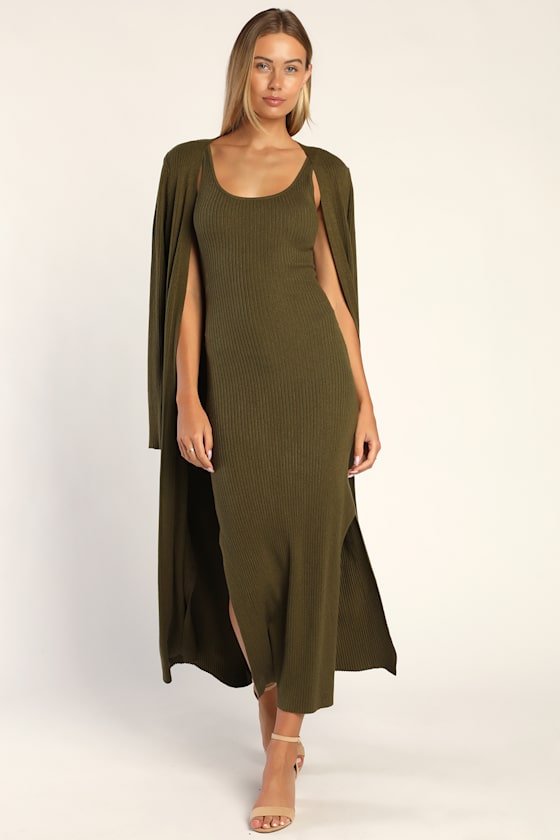 Layer Lover Beige Ribbed Knit Two-Piece Dress & Cardigan Set