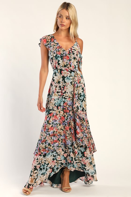Radiant Ruby Red Floral Print Chiffon Maxi Dress